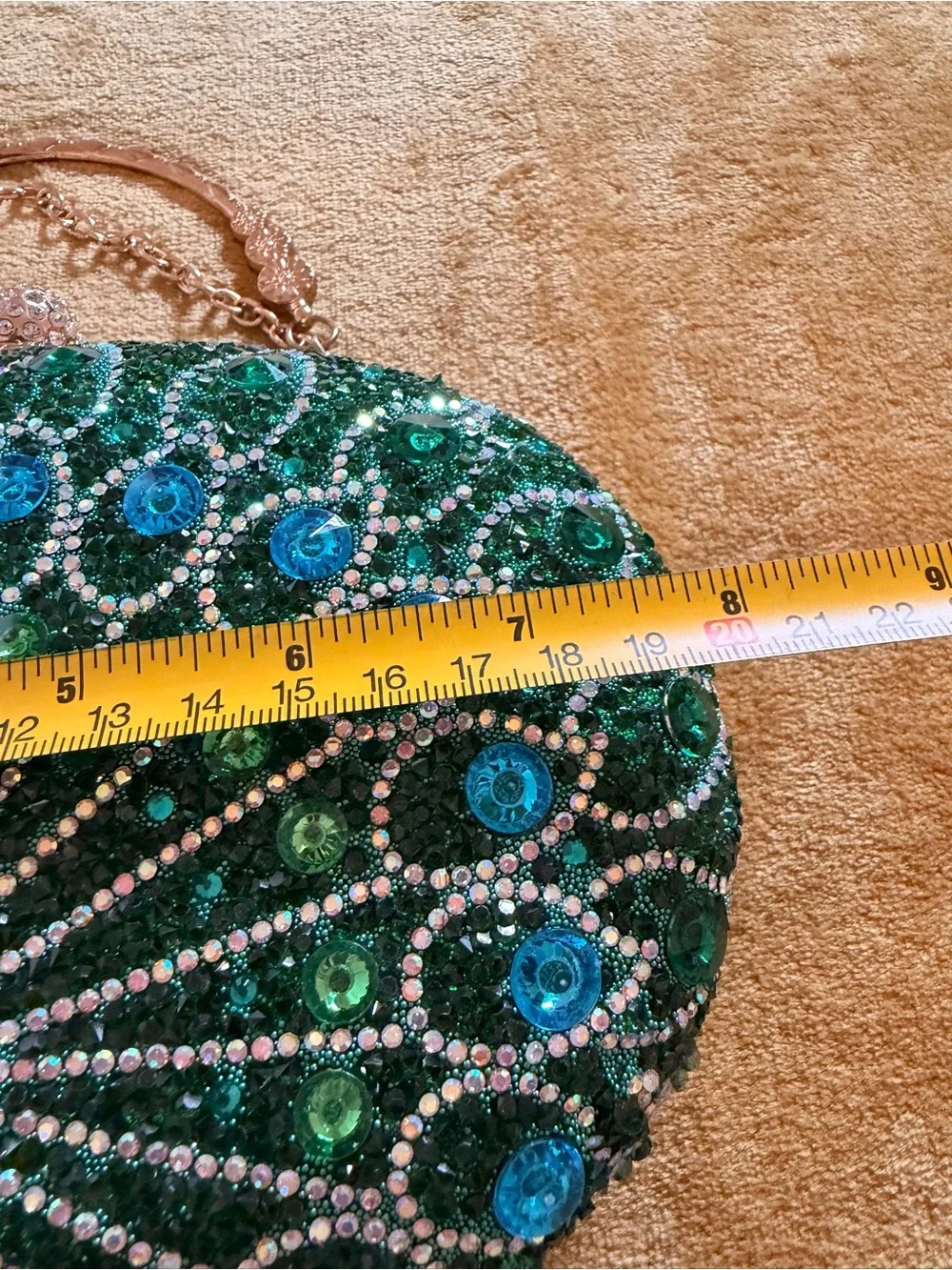 Green Peacock Crystal Evening Clutch with Gold Tone Chain